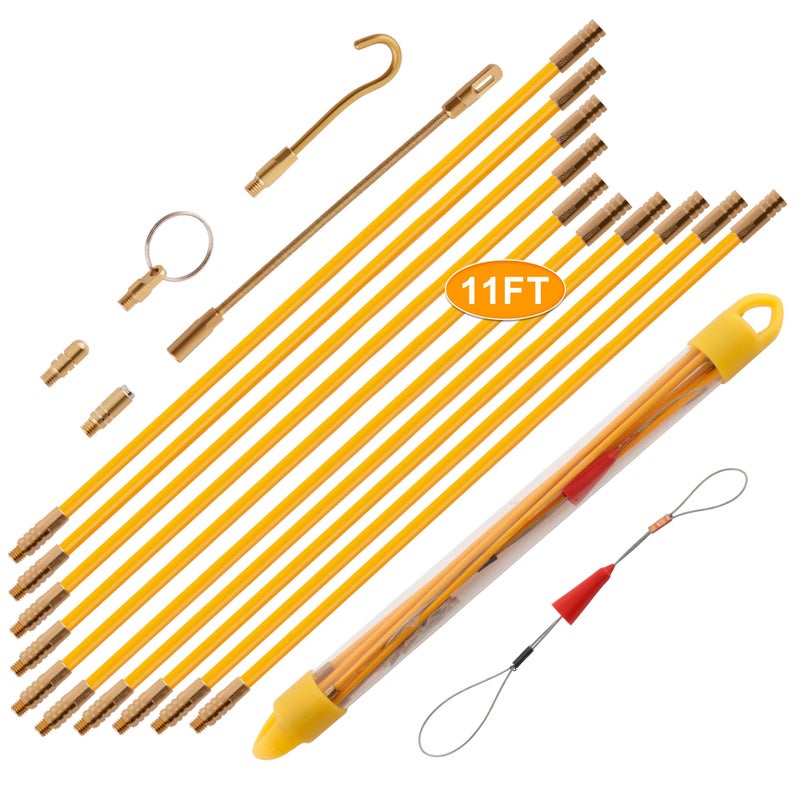 KOOTANS 11FT Fiberglass Running Electrical Wire Cable Glow Rods Wire Pulling Tools Fish Tape Cable Puller Through Wall Snake Fish Rods Kit with Different Attachments - Image 1